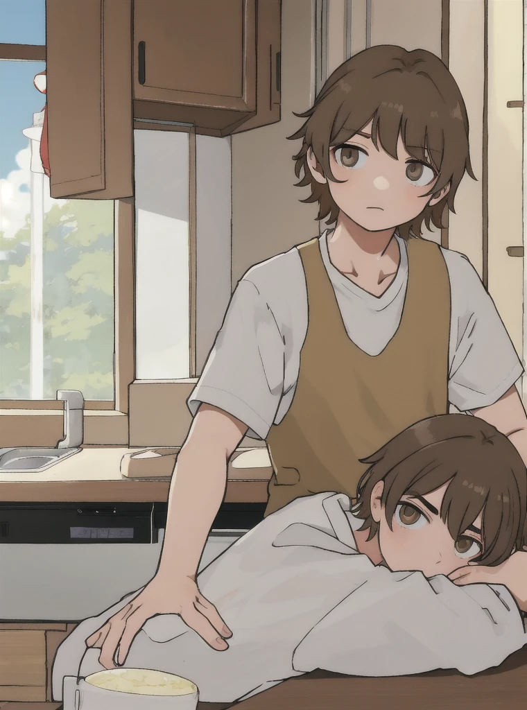 best quality, boy, light brown hair, leaning over a counter, tired, short messy hair, white skın