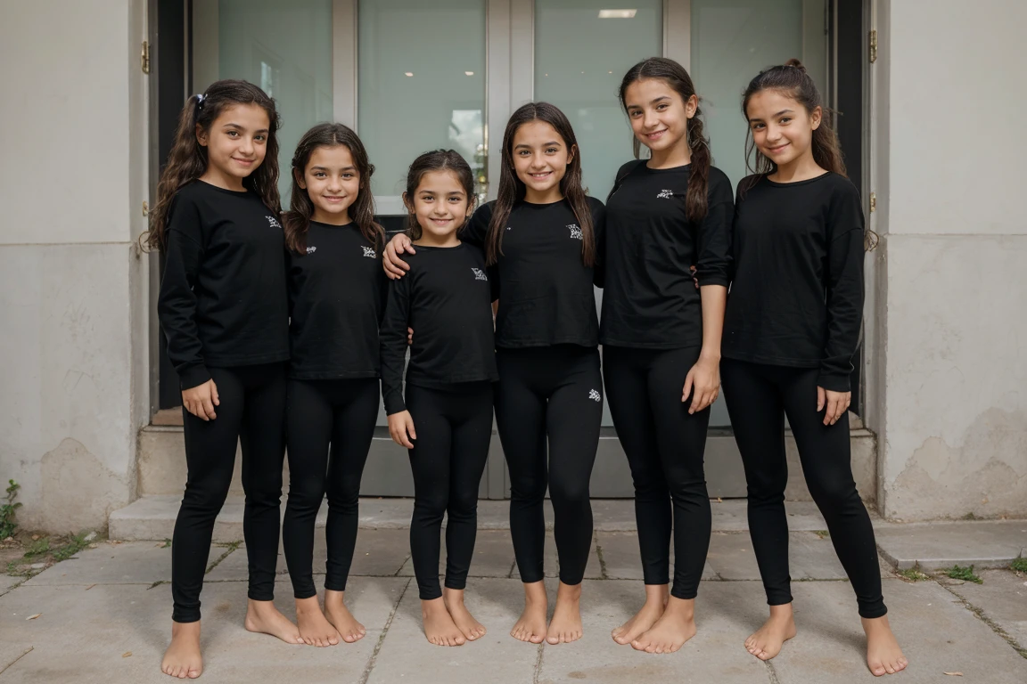 A group of five italian 10 years old Little girls , standing, barefeet, black yoga pants, black shirt, smile