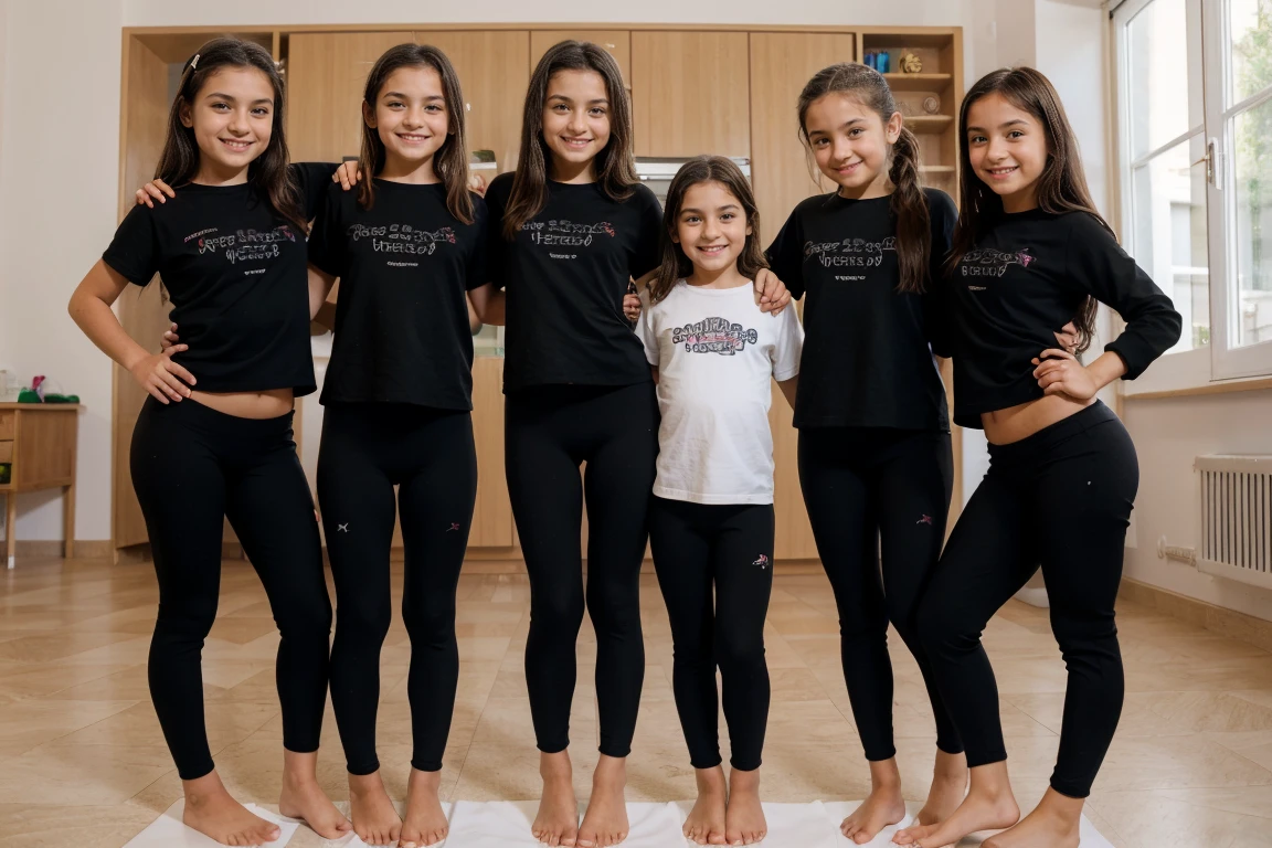 A group of five italian Little girls, barefeet, black yoga pants, black shirt, smile
