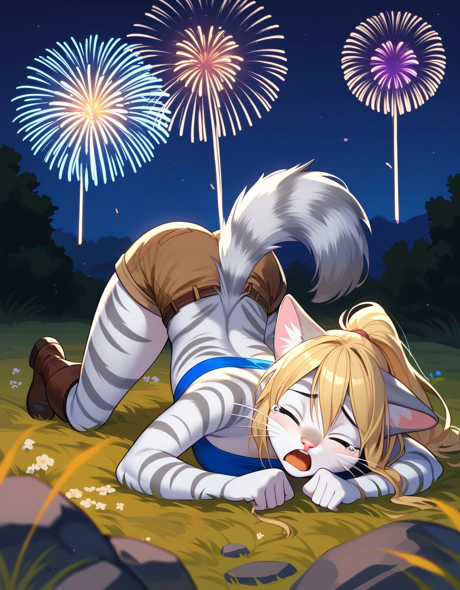 Solo, score_9,score_8_up,score_7_up, source_furry, kat, Anthro furry feline, blonde hair, (ponytail hair), pink nose, :3, white whiskers, silver fur, grey stripes, furry body, wearing blue bandeau, brown short shorts, brown boots, on her knees, face down ass up, on the ground, (hands on her head, covering her ears):1.3, cowering, scared, hiding behind a rock, on a grassy field, outdoors at night, fireworks in the background, screaming, tearing up, closed eyes, mouth open