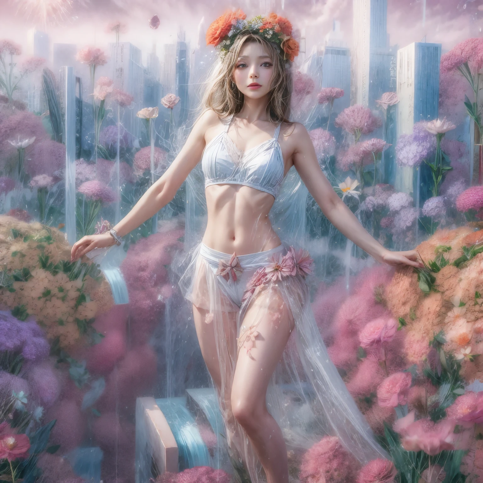 Crimson, White in Pearly RainbowColors,ExtremelyDetailed(ProfessionalPhoto of Girl Floating in the Sky:1.37)ZoomLayer{Stunning|Mystic|GodRays|Haze}, 280th floor infinity pool, Tallest building in the urban forest, {tulips|Rose flower}, (Masterpiece 8K TopQuality:1.2),  (ExtremelyDetailed NOGIZAKA face and Eyes:1.37)ElaboratePupils with (SparklingHighlights:1.28) DoubleEyelids with Voluminous LongEyelashes RosyCheeks (Joyful Expressions LifeLike Rendering)MotionBlur  BREAK   Detailed impeccable Radiant PearlSkin with Transparency White(Skinny SchoolSwimwear) {(HiddenHand)|((Corrected BabyLike Hand))} (Whole Body Proportions and all limbs are Anatomically Accurate), FlowerWreath WrappedBody Flowers Covering girl's body Full of Flowers {Dazzling RainbowColorHorizon|ColorfulSky|ColoredClouds|Starly Particles}(extra limbs:-1.4)(Not Detailed Face:-1.4)(Not Detailed Hand:-1.4)