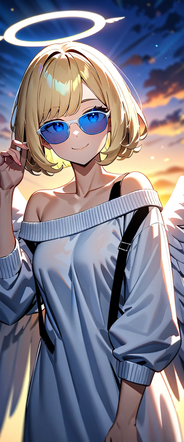 ((flying in the sky)), ((angel, big big white wings:1.3, halo:1.3)), ((sky)), (((sunglasses, hand to sunglasses))), (((cowboy shot))), archangel Uriel, ((wavy hair, outward curled hair)), evening, Sunset, ((blond hair, bob cut:1.3)), breasts, teenager, (looking at viewer), oversized clothes, puffy long sleeves, collarbone, ((off-shoulder sweater:1.3, Quite thick shoulder straps)), ((white sweater)), collarbone, head tilt:1.3, (((blue eyes))), ((happy smile)), (((anime style))), (best quality, 4K, 8K, highres, masterpiece:1.2, ultra-detailed, ultra-detailed eyes, HDR, uhd, studio lighting, ultra-fine painting, sharp focus, physically-based rendering, extreme detail description, professional, vivid colors, bokeh)