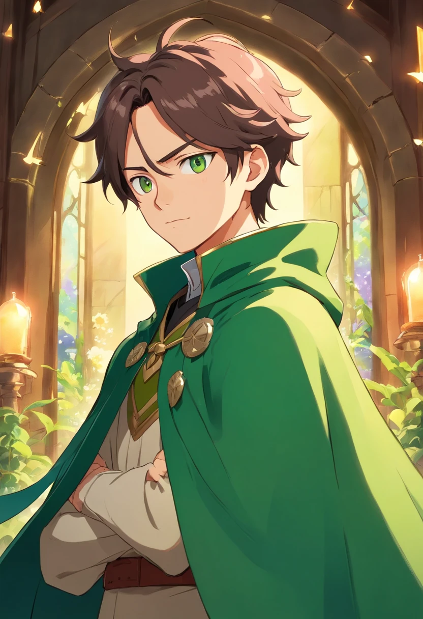 anime - style image of a man dressed in a green cape and a green cape, casimir art, beautiful androgynous prince, handsome guy in demon slayer art, picture of a male cleric, official character illustration, delicate androgynous prince, inspired in kris from deltarrune, official art, official character art, dressed like a cleric