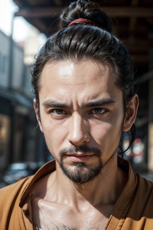 portrait image of a city with alleys to the street, super detailded, work of art, best qualityer, ultra quality, absurd details, Better Light, best shade, Spitz, Spitz image, detailded, extremely detailded, great resolution, 8K, 4K, ultra HD, Volumetric, brilliant actor, particle effects, beautiful effects, neon, neon light, ray of sunlight, lighting sun, Avatar style The Legend of Aang, (airbender and monk, In physical characteristics, Wander has obvious receding hairlines, very large that are not at all hidden since the monk wears a short ponytail that barely gets stuck at the back of his neck, with a lot of wrinkles on his face due to age, he looks as old as he is. with a very long goatee attached to his chin and a sparse beard on the sides of his face, helps increase the traveler’s grandeur. The other notable thing about Wander's appearance is his clothes., a powerful black cloak with gold designs, he covers himself from neck to toe with these very luxurious fabrics.)