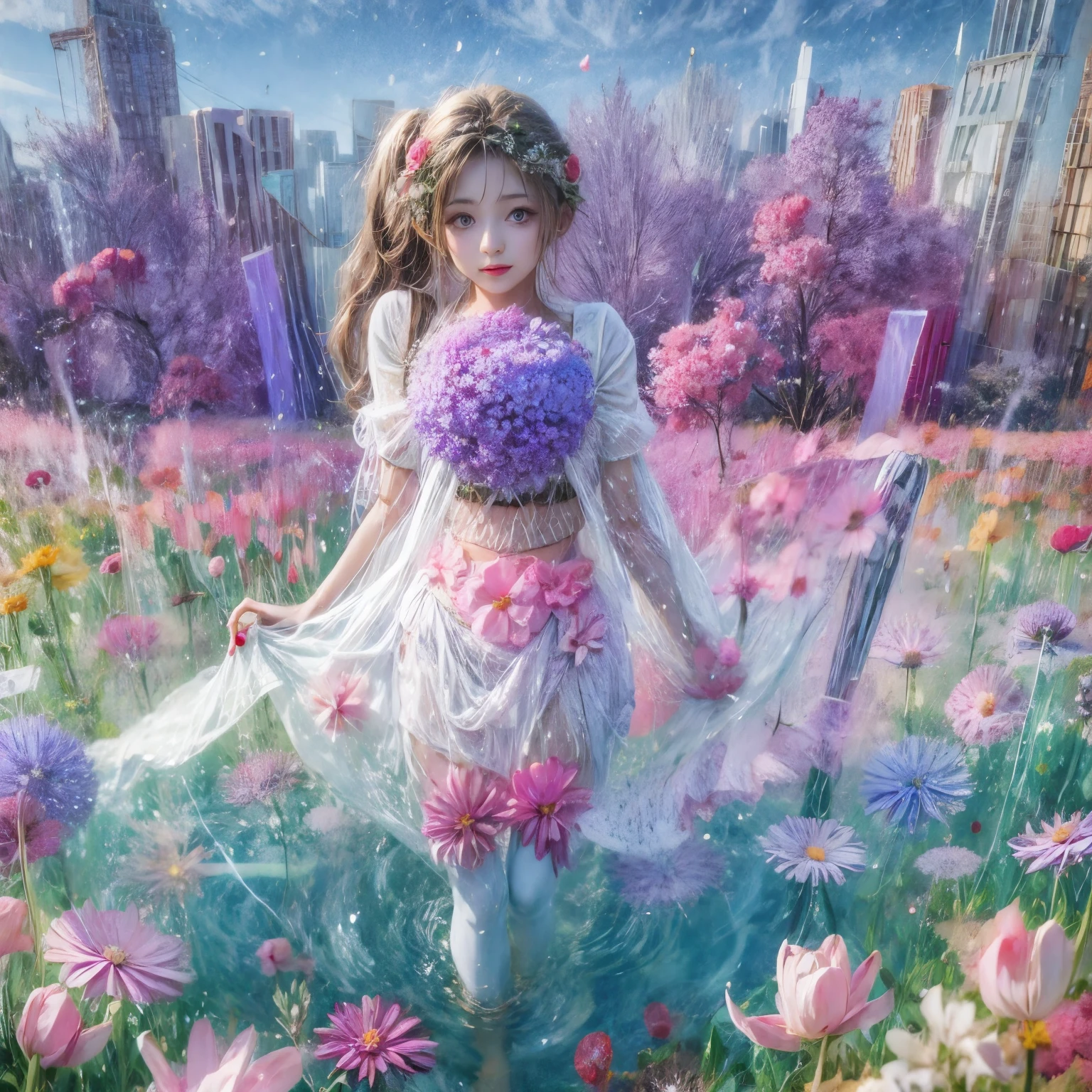 Crimson, White in Pearly RainbowColors,ExtremelyDetailed(ProfessionalPhoto of Girl Floating in the Sky:1.37)ZoomLayer{Stunning|Mystic|GodRays|Haze}, 280th floor infinity pool, Tallest building in the urban forest, {tulips|Rose flower}, (Masterpiece 8K TopQuality:1.2),  (ExtremelyDetailed NOGIZAKA face and Eyes:1.37)ElaboratePupils with (SparklingHighlights:1.28) DoubleEyelids with Voluminous LongEyelashes RosyCheeks (Joyful Expressions LifeLike Rendering)MotionBlur  BREAK   Detailed impeccable Radiant PearlSkin with Transparency White(Skinny SchoolSwimwear) {(HiddenHand)|((Corrected BabyLike Hand))} (Whole Body Proportions and all limbs are Anatomically Accurate), FlowerWreath WrappedBody Flowers Covering girl's body Full of Flowers {Dazzling RainbowColorHorizon|ColorfulSky|ColoredClouds|Starly Particles}(extra limbs:-1.4)(Not Detailed Face:-1.4)(Not Detailed Hand:-1.4)