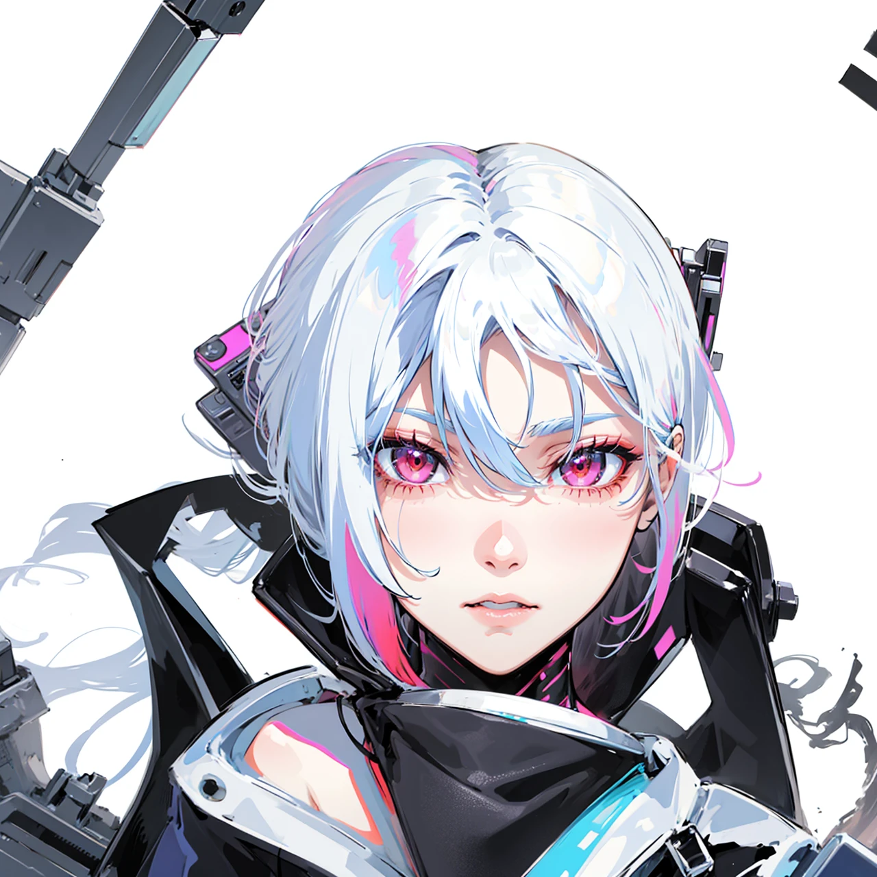 cyberpunk,white chin length hair,hair with magenta tips,red eyes,cyborg eyes,metalic parts,metal arms,strong and muscular,female,anime,mechanic