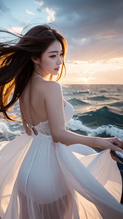 Tabletop, Highest quality, shape, Very detailed, In detail, High resolution, 8k wallpaper, Perfect dynamic composition, Beautiful details, Hair blowing in the wind,Inner Color,Long dress,Frolicking on the edge of the waves