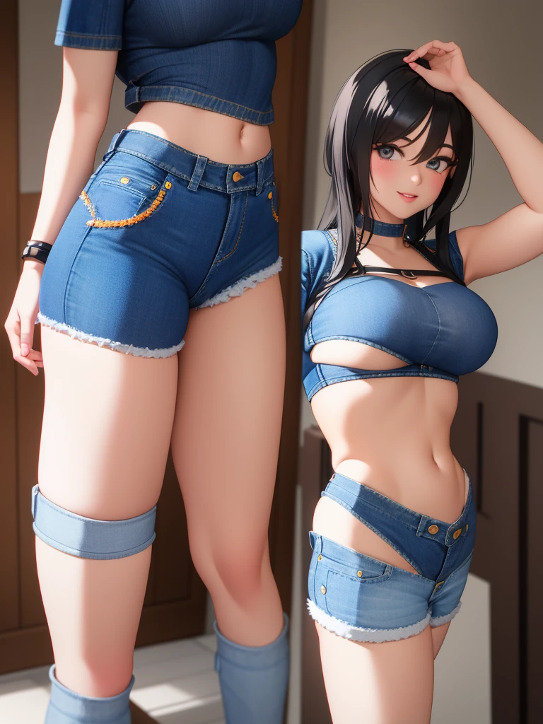 best quality, 1girl, masterpiece ultra detailed, illustration, glossy lips, indoors, standing, big breasts, (((very short denim shorts))), micro shorts, (black latex crop top), light smile, view viewers from the front, tigh strap, underboob cleavage, presenting panties in her hand, bodycon shorts, (((full body)))