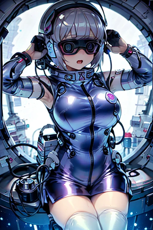 1 Girl, whole body, (space helmet):10,He has a large metal helmet on his head that covers his hair and eyes., tube, wire, She gets electrocuted, brainwashing,astrovest,bing_astronaut,blush,torogao,
