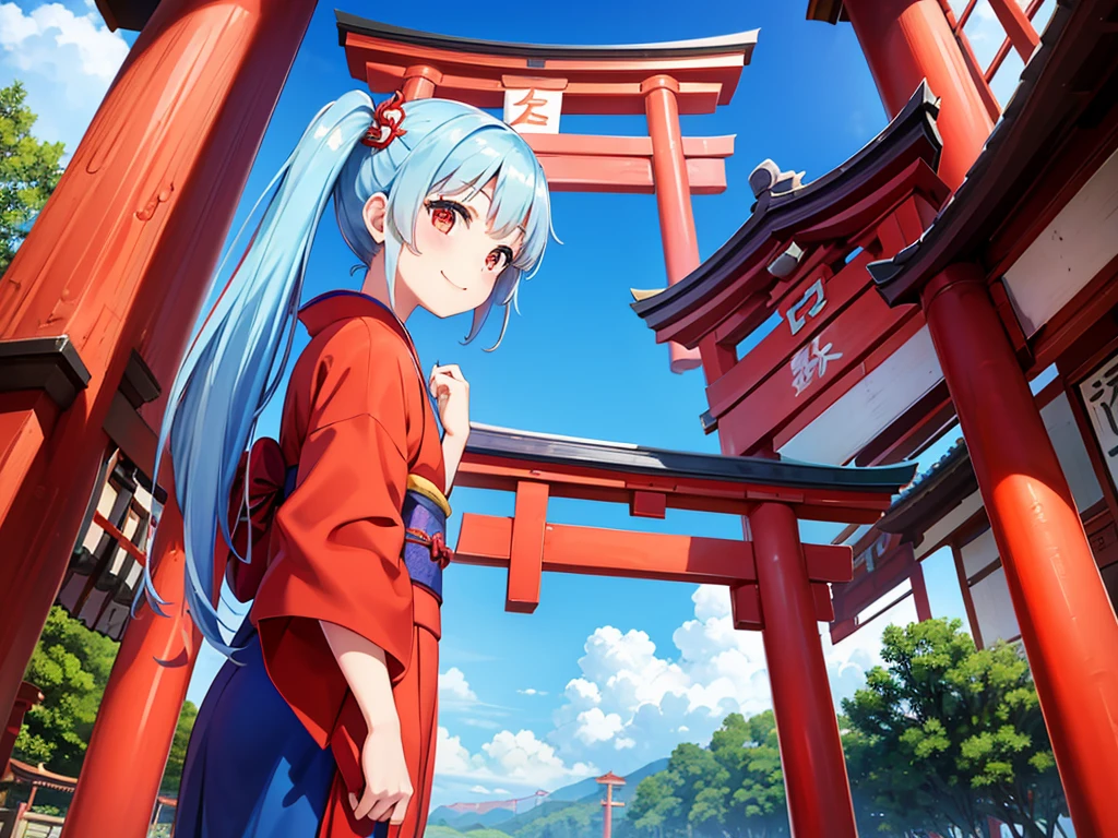 A girl in a kimono standing in front of a red torii gate, Light blue、Beautiful girl with twin tails、Bright smile、blue sky、