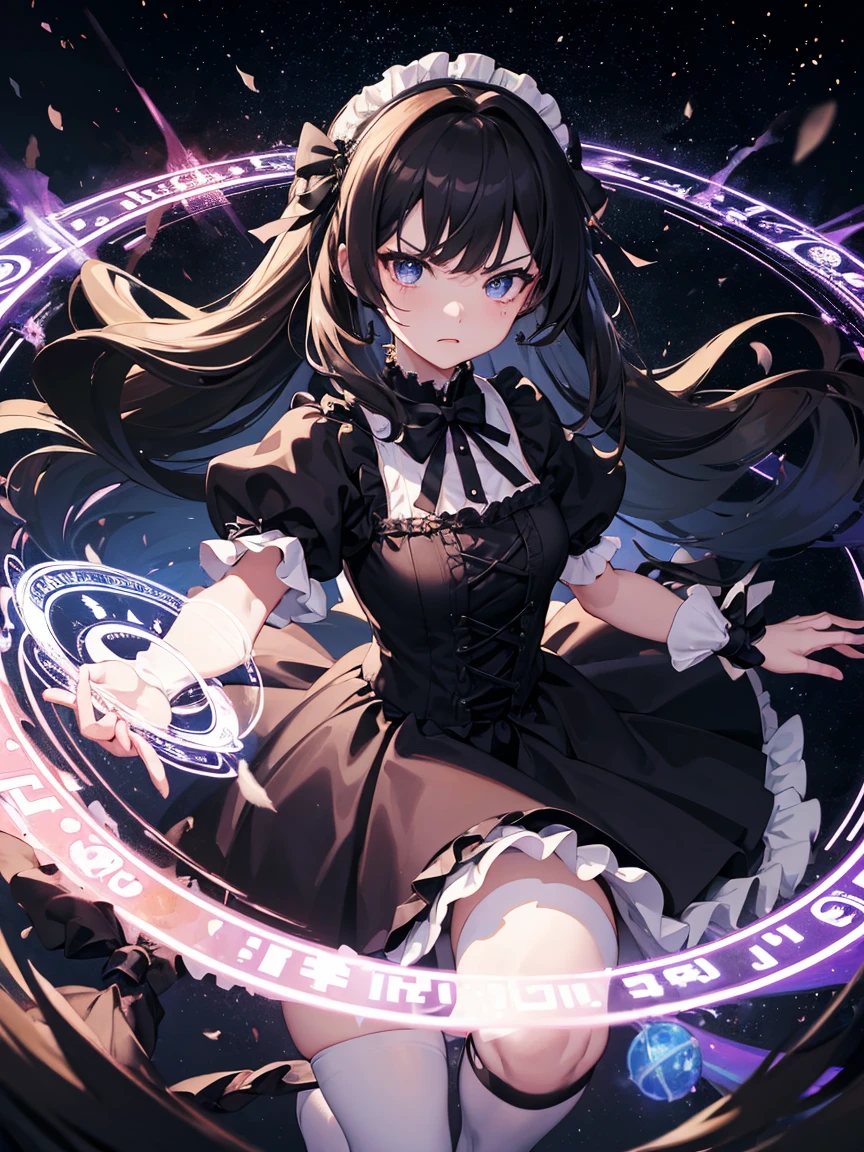 ((Masterpiece)),(Best Quality),(Highest resolution),(8K),(Clean lines),(Perfect Face,Perfect meat),(Official Art),(Magical girl),villain, child, 8-year-old, Black Gothic ta outfit, Long Hair, ribbon, large black feathers, magic circle, Night Sky, Angry face