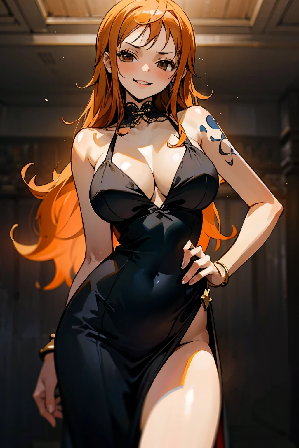 (Masterpiece), Best Quality, ultra-detailed, 1girl (namiop, Big breasts, orange hair, long hair, brown eyes), a  seductive face, wicked smile, facing viewer, looking at viewer, solo,  sexy black dress, cleavage, long dress, in the party place, standing, Sexy waist teasing 