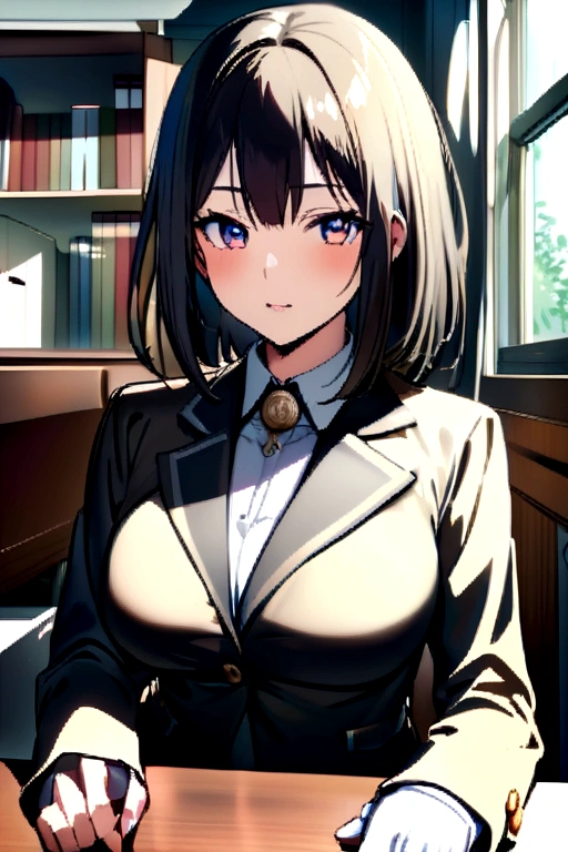 A high school principal who has medium-large breasts while sitting in her school administration office