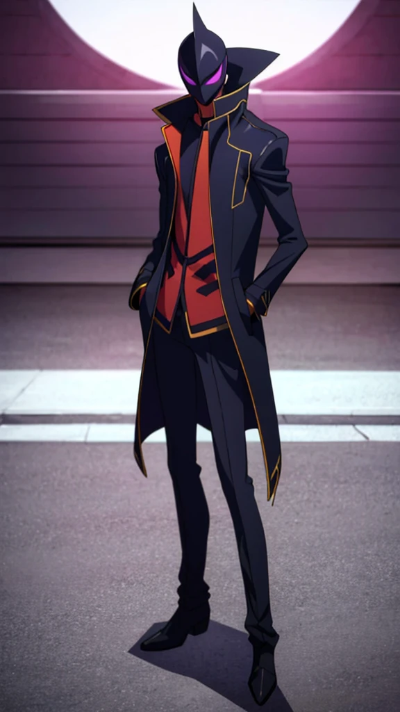 Male, teenager, vigilante, wearing dark clothes, a coat, and a mask, athletic build, hands in pockets, standing at attention, nighttime setting, lone figure, facing viewer, fully in frame, full body shot, Code Geass style, codeGeass, CODEGEASS