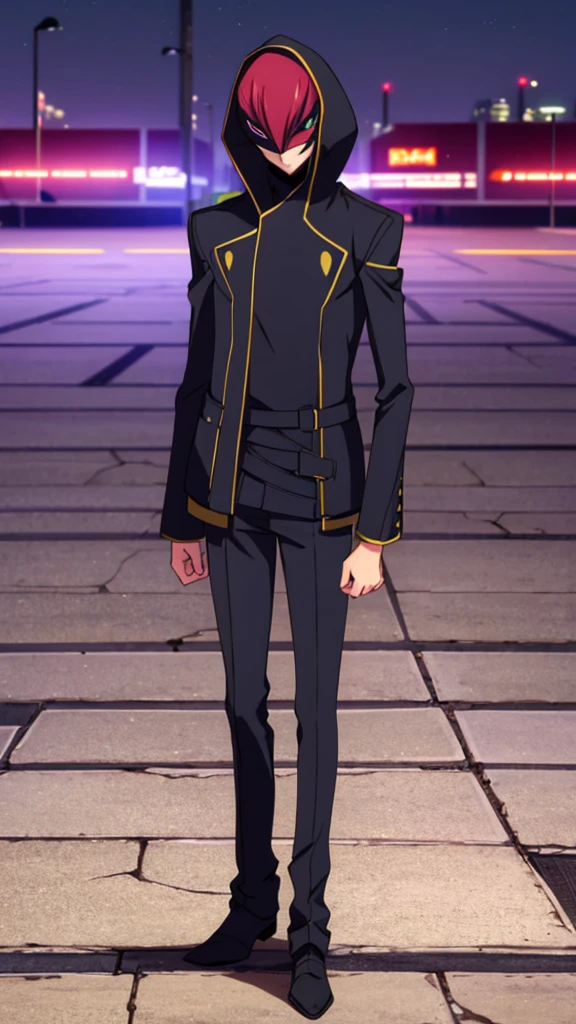 Male, teenager, vigilante, wearing dark clothes, a coat, and a mask, athletic build, hands in pockets, standing at attention, nighttime setting, lone figure, facing viewer, fully in frame, full body shot, Code Geass style, codeGeass, CODEGEASS