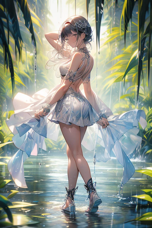 (((professional: Step by Step, taking into account even the smallest detail, God Level Final Result, full body with intricate details, only 1 girl, image: all the intricate details, Masterpiece))): "Quality 3, Wet anime, hyper details, Wet anime 17-years-old white woman with random colored hair Wet hair tied back with a red ribbon Her eyes are the same color as her wet hair, Delgado, clothing white crop top and denim miniskirt, A jungle background under a constant torrential rain that soaked them, Wet Back Posture, showing her beautiful body 92 59 90, flirty face, pedestal invisible,, Film grain, fuji colors, contrast of lights and shadows, textured skin, dynamic pose, realism, sunlight, High contrast, very sexy pose"
