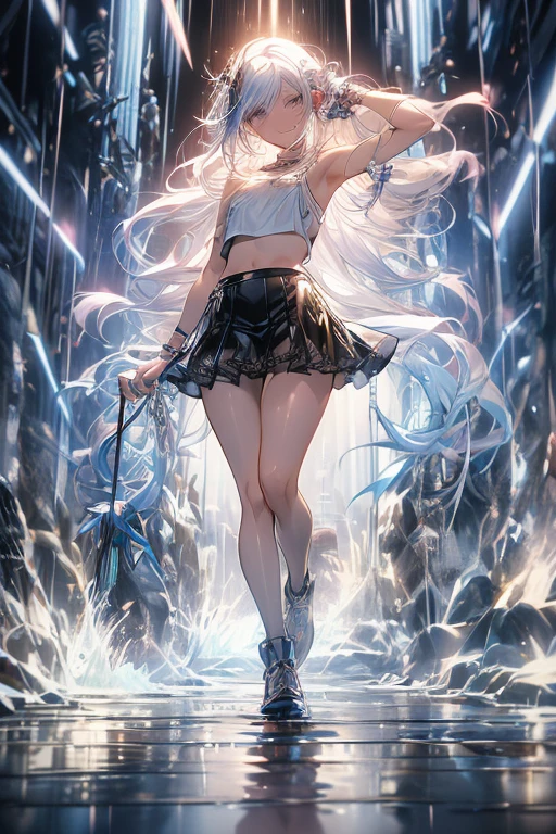 (((professional: Step by Step, taking into account even the smallest detail, God Level Final Result, full body with intricate details, only 1 girl, image: all the intricate details, Masterpiece))): "Quality 3, Wet anime, hyper details, Wet anime 17-years-old white woman with random colored hair Wet hair tied back with a red ribbon Her eyes are the same color as her wet hair, Delgado, clothing white crop top and denim miniskirt, A jungle background under a constant torrential rain that soaked them, Wet Back Posture, showing her beautiful body 92 59 90, flirty face, pedestal invisible,, Film grain, fuji colors, contrast of lights and shadows, textured skin, dynamic pose, realism, sunlight, High contrast, very sexy pose"