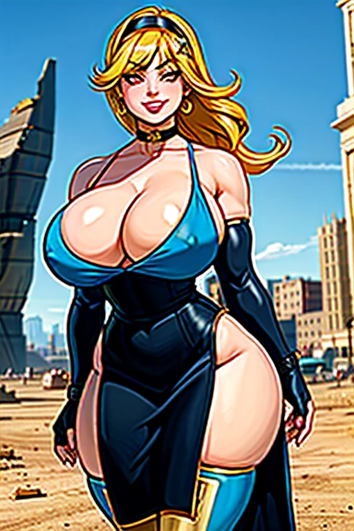 1girl, (solo:1.2), curvy, (masterpiece:1.2), (best quality:1.2), (perfect anatomy:1.4), (standing:1.4), (confident:1.2), smile, (large breasts:1.4), (cowboy shot:1.2),, aayorf, sidelocks, gold hairband, hair ornament, red eyes, gold earring, large breasts, choker, bare shoulders, black dress, two-sided dress, fingerless gloves, thigh boots, (post fight scenery:1.3), rubble, outside, daylight, modeseven, (super curvy:1.3), comic style, (vibrant colors:1.2), (huge breasts:1.1)