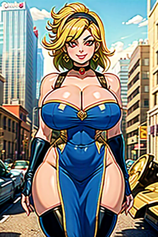 1girl, (solo:1.2), curvy, (masterpiece:1.2), (best quality:1.2), (perfect anatomy:1.4), (standing:1.4), (confident:1.2), smile, (large breasts:1.4), (cowboy shot:1.2),, aayorf, sidelocks, gold hairband, hair ornament, red eyes, gold earring, large breasts, choker, bare shoulders, black dress, two-sided dress, fingerless gloves, thigh boots, (post fight scenery:1.3), rubble, outside, daylight, modeseven, (super curvy:1.3), comic style, (vibrant colors:1.2), (huge breasts:1.1)