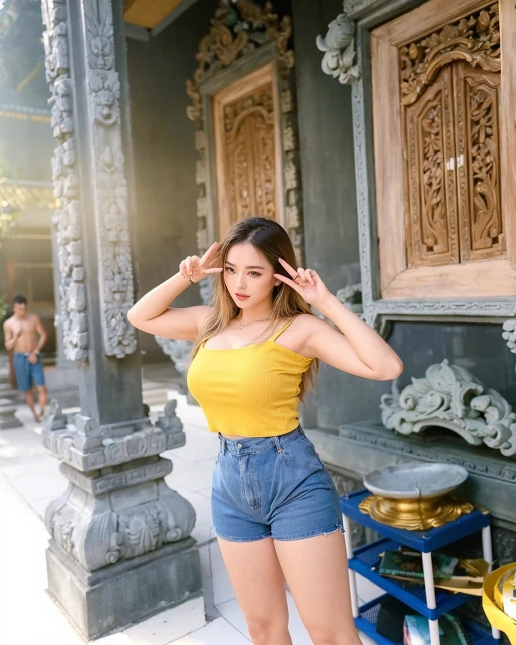A beautiful woman in a yellow top and blue tight shorts posing, in a temple, in front of a temple, bali, sexy girl, with beautiful exotic, sexy :8, standing in a buddhist temple, cute woman, taken in 2 0 2 0, with yellow cloths, 4k post, 4 k post, photo taken in 2 0 2 0