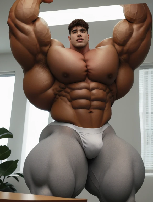 1boy, giant, alone, giant bodybuilder, wet, illuminating light, strong body, bulk, large size, stretch armpit, standing, in the white studio room, indoor, wear gray triangular underwear, massive bulge, bulge, extraordinary big, brutalmass, giant muscular body, bulk, buff, massive body, large meaty body size, extremely wide body,