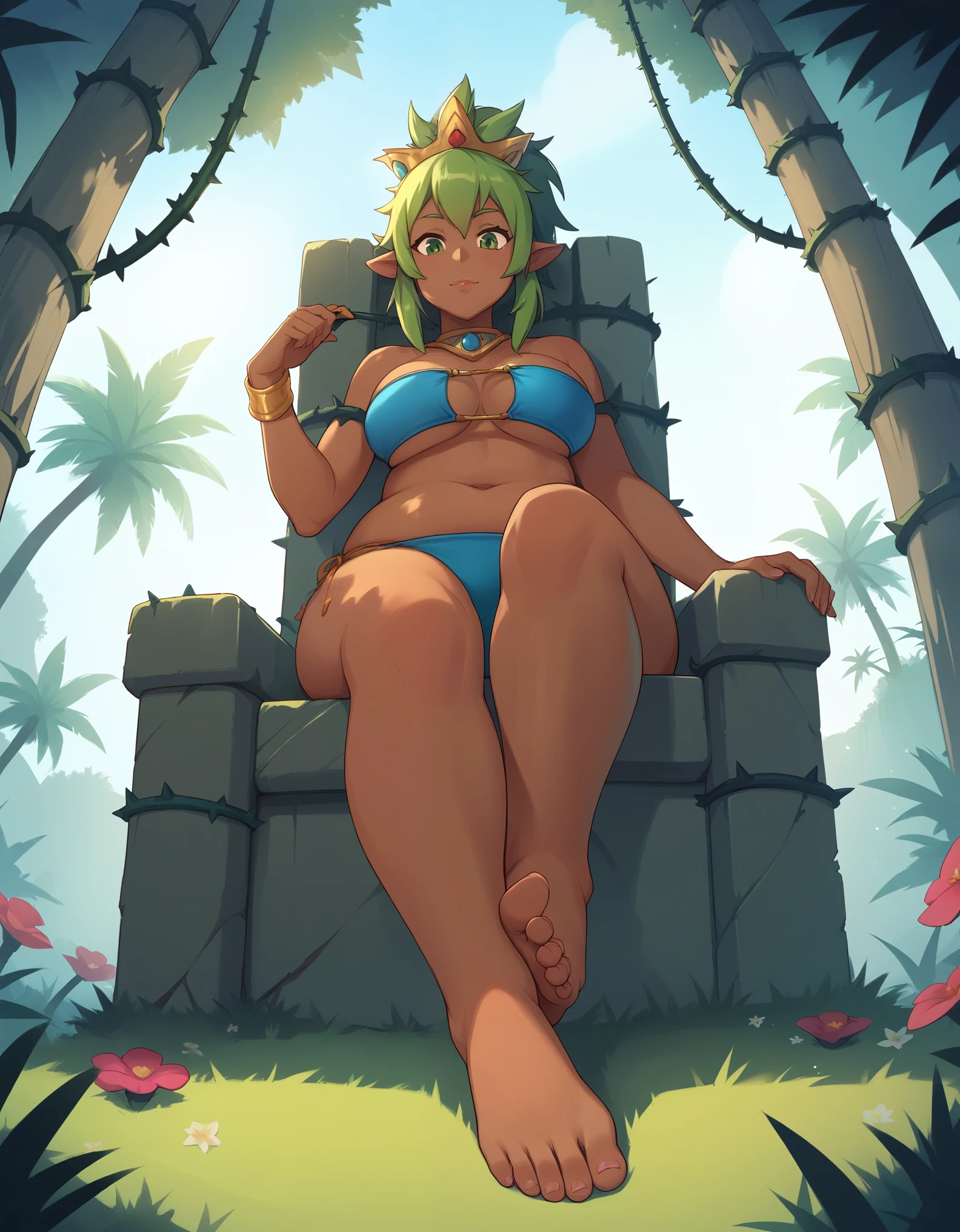 dofus, score_9, score_8_up, score_7_up,  dofus, solo, 1girl,sadida, dark skinned female, green hair, nature, thorns, thorns, tall grass, flowers, deep jungle, trees, forest, messy hair, large breasts, bikini, breasts, ponytail,  barefoot, navel, bare shoulder,s green eyes, , no ears,  feet, , toes,  dark skin, chubby, queen, sitting on throne, crown, looking at viewer, bare feet, feet focus, from below 