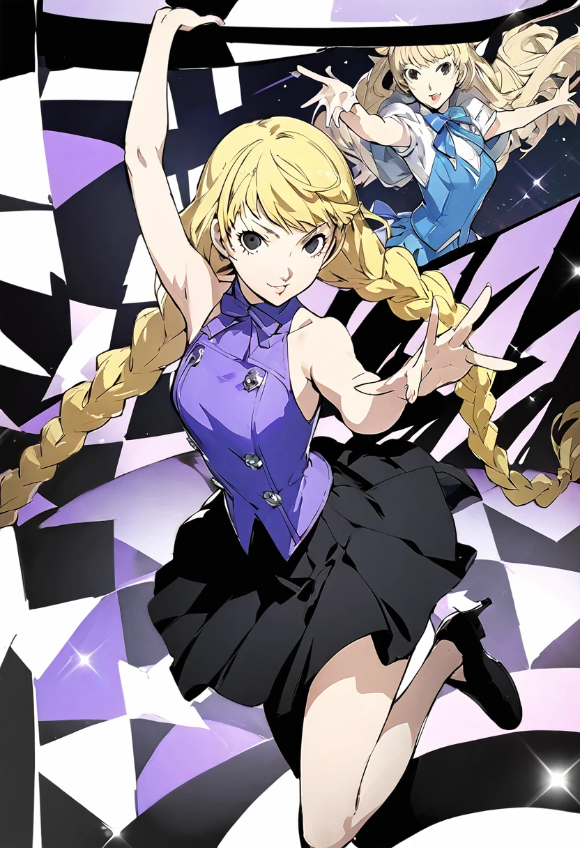 beautiful girl, long braids, light blonde hair, black eyes, teen, Persona5 character, Taiga Asaki ,masterpiece, meilleure qualité, pose dynamic, pretty, lavender color, side bangs, idol, character concept art, angelic, idol, 1girl, simple background