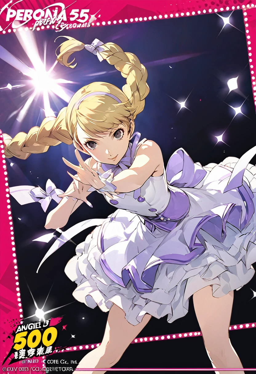 beautiful girl, long braids, light blonde hair, black eyes, , Persona5 character, Taiga Asaki ,masterpiece, meilleure qualité, pose dynamic, pretty, lavender color, side bangs, idol, character concept art, angelic, idol, 1girl, simple background