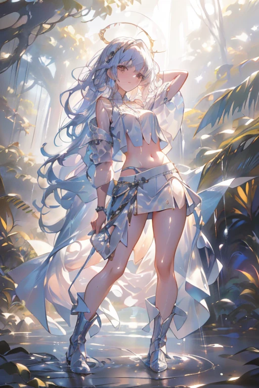 (((professional: Step by Step, taking into account even the smallest detail, God Level Final Result, full body with intricate details, only 1 girl, image: all the intricate details, Masterpiece))): "Quality 3, Wet anime, hyper details, Wet anime 17-years-old white woman with random colored hair Wet hair tied back with a red ribbon Her eyes are the same color as her wet hair, Delgado, clothing white crop top and denim miniskirt, A jungle background under a constant torrential rain that soaked them, Wet Back Posture, showing her beautiful body 92 59 90, flirty face, pedestal invisible,, Film grain, fuji colors, contrast of lights and shadows, textured skin, dynamic pose, realism, sunlight, High contrast, very sexy pose"