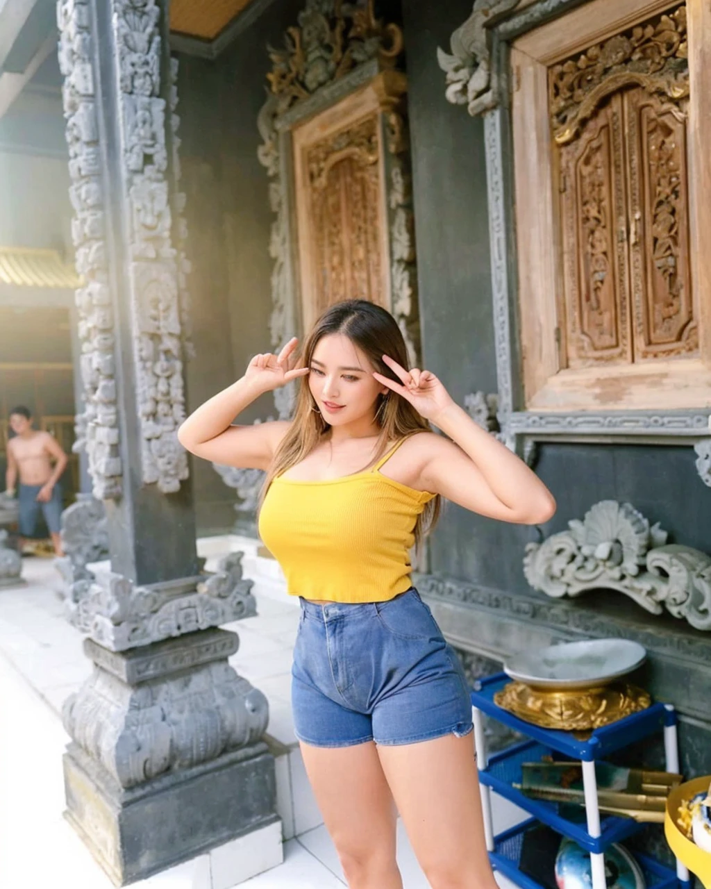 A beautiful woman in a yellow top and blue tight shorts posing, in a temple, in front of a temple, bali, sexy girl, with beautiful exotic, sexy :8, standing in a buddhist temple, cute woman, taken in 2 0 2 0, with yellow cloths, 4k post, 4 k post, photo taken in 2 0 2 0