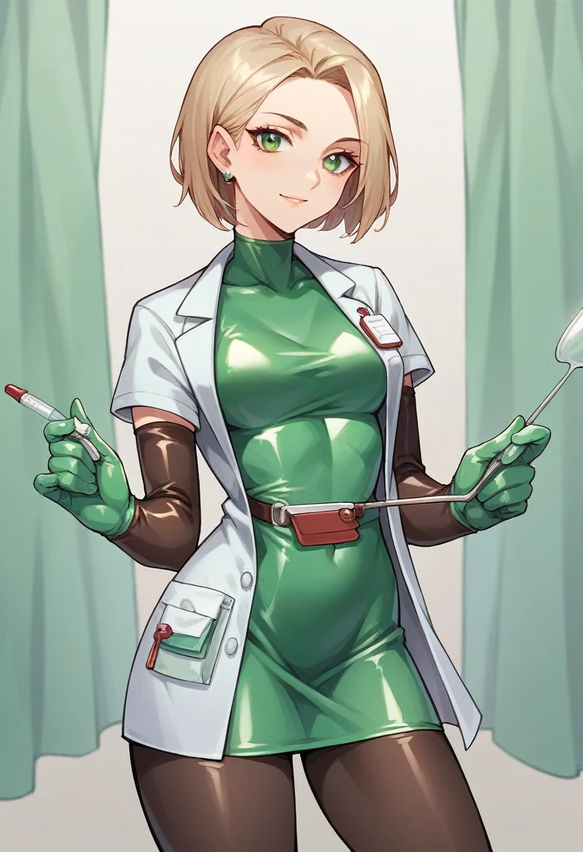 1girl, light hair, ((brown elbow gloves)), ((surgical gloves)), ((latex gloves)), ((long sleeves)) ((green surgeon outfit)), looking at viewer, ((doctor)), standing, solo