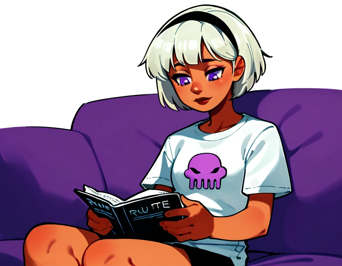 score_9, score_8_up, score_7_up, score_6_up, score_5_up, score_4_up, simple artsyle, source_anime, 1girl, rolalstart, white shirt, t-shirt, shirt symbol, short hair, bob cut, platinum blonde hair, hairband, dark brown skin, purple eyes, sitting on couch, reading, monochrome background