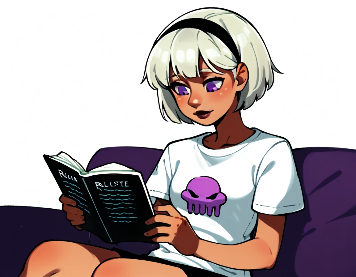 score_9, score_8_up, score_7_up, score_6_up, score_5_up, score_4_up, simple artsyle, source_anime, 1girl, rolalstart, white shirt, t-shirt, shirt symbol, short hair, bob cut, platinum blonde hair, hairband, dark brown skin, purple eyes, sitting on couch, reading, monochrome background