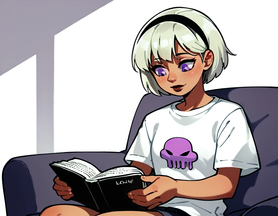 score_9, score_8_up, score_7_up, score_6_up, score_5_up, score_4_up, simple artsyle, source_anime, 1girl, rolalstart, white shirt, t-shirt, shirt symbol, short hair, bob cut, platinum blonde hair, hairband, dark brown skin, purple eyes, sitting on couch, reading, monochrome background