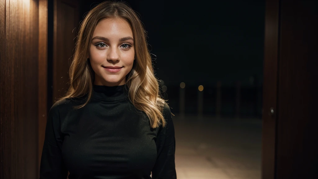 Lily Bowman), posing, modeling full body, with dark black casual outfit design, sexy smile, best quality, blur night background with Green Eyes, , Ultra Realistic, Meticulously Detailed, Portrait, Blonde Hair and Big Eyes, Selfie of a Young Woman, Green Eyes, No Makeup, Natural Makeup, Looking Directly at the Camera, face artgram, subtle make-up, Impressive photo, stand, with sexy smile, Medium and large size chest, allowing the face to be seen clearly, night