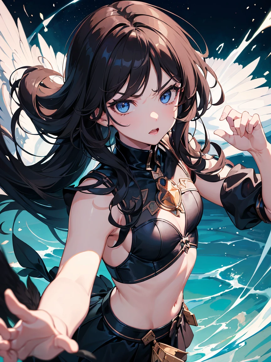 ((Masterpiece)),(Best Quality),(Highest resolution),(8K),(Clean lines),(Perfect Face,Perfect meat),(Official Art),(Magical girl),villain, child, 8-year-old, Black Costume, Long Hair, large black feathers, Night Sky, Angry face