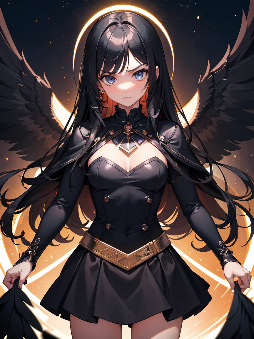 ((Masterpiece)),(Best Quality),(Highest resolution),(8K),(Clean lines),(Perfect Face,Perfect meat),(Official Art),(Magical girl),villain, child, 8-year-old, Black Costume, Long Hair, large black feathers, Night Sky, Angry face