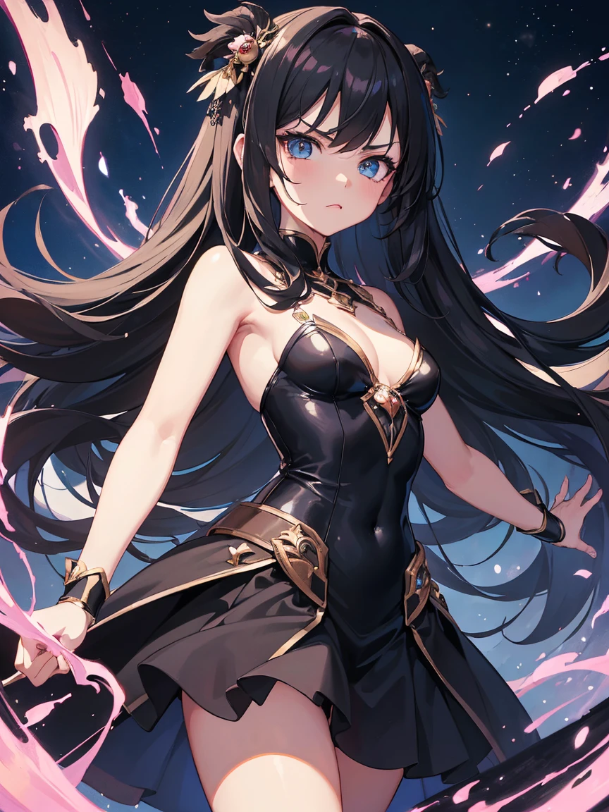 ((Masterpiece)),(Best Quality),(Highest resolution),(8K),(Clean lines),(Perfect Face,Perfect meat),(Official Art),(Magical girl),villain, child, 8-year-old, Black Costume, Long Hair, large black feathers, Night Sky, Angry face