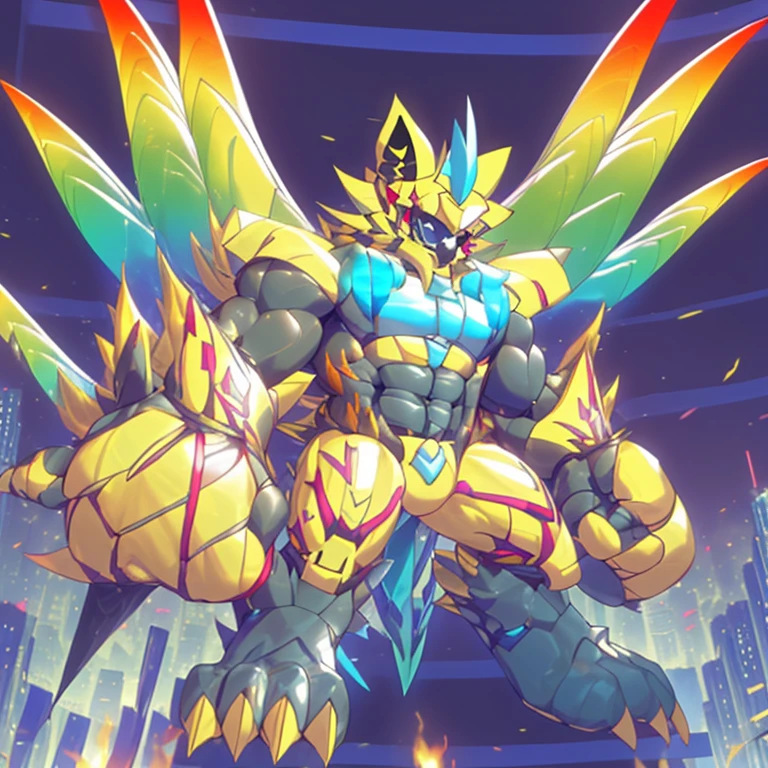 (Solo. masterpiece. official art. 8k. best quality. detailed full body. full body.)
(situation 1 : dominating Zeraora. Zeraora is over 1000 meters long. focus GIANT mechanical Muscular Zeraora is trampling the city. Looking down. macro. stomp. Low-angle perspective. emphasizing the immense size.He is much bigger than a skyscraper. Giga Giants. looking down. foot focus, (soles:1.2))
(situation 2 :smoke and flames rising from the destruction in the city)
(Additional details 1: wearing a full-face helmet. golden armor. high-tech bio-mecha armor. real texture material. whole body shines like metal. Wearing cyberpunk mecha. emphasizes the muscles. suit fully made of metal. intricate armor. Robotic suit. suit fully made of metal. cyborg. The Phoenix Wolf. The_Phoenix_Wolf.).
(Additional details 2: (Detailed head. Detailed Body. Detailed abs. gigantic muscles. HYPER MUSCLES. Gigachad Muscular. big muscle. pecs. triceps. traps. unusually developed muscular body. body full of huge muscles. showing off muscles. pectorales enormes. Exaggeratedly huge muscles. huge muscles. long legs.).
(Additional details 3: Spread wings. It has wings. have big wings. The claws are sharp. Sharp teeth).
(Additional details 4: golden hyper penis. hyper golden penis. big penis)