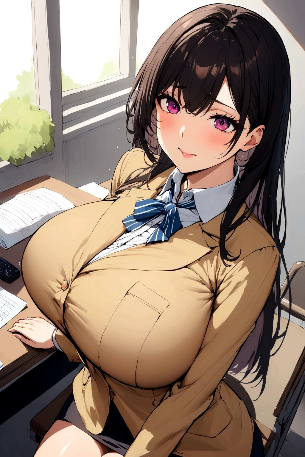 A high school principal who had Big breasts while sitting in her school administration office 