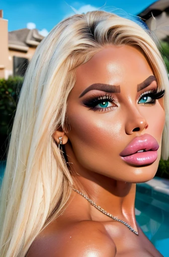 y platinum blonde bimlam makeup, tan skin, voluminous hair, outside mansion pool, big lips, (enormous lips:1.2), (huge lips:1.1), bimboliprong lighting, sunlight, 8k, 4k, intricate, detailed face, detailed eyes (best quality,4k,8k,highres,masterpiece:1.2),ultra-detailed,(realistic,photorealistic,photo-realistic:1.37)