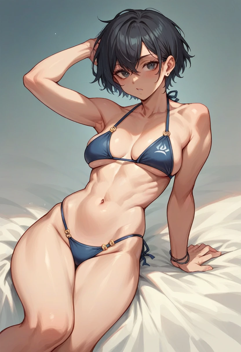 Woman with short black hair in bikini