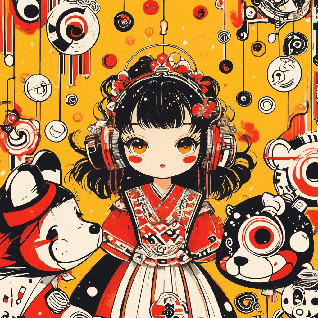 Cute chibi girl in a black and white dress on a yellow background. The vector illustration features colorful musical notes, red eyes, and black hair with bangs. Geometric shapes are included in the graphic design, which has a flat style with simple, clean lines and a white border. The poster art has no shadows and high resolution, quality, detail, contrast, and saturation. Vivid, bold, bright colors make up the color palette. It is a cute cartoon character in the style of poster art with vivid colors and clean lines.