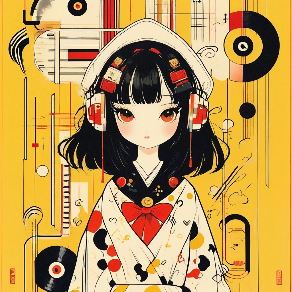 Cute chibi girl in a black and white dress on a yellow background. The vector illustration features colorful musical notes, red eyes, and black hair with bangs. Geometric shapes are included in the graphic design, which has a flat style with simple, clean lines and a white border. The poster art has no shadows and high resolution, quality, detail, contrast, and saturation. Vivid, bold, bright colors make up the color palette. It is a cute cartoon character in the style of poster art with vivid colors and clean lines.