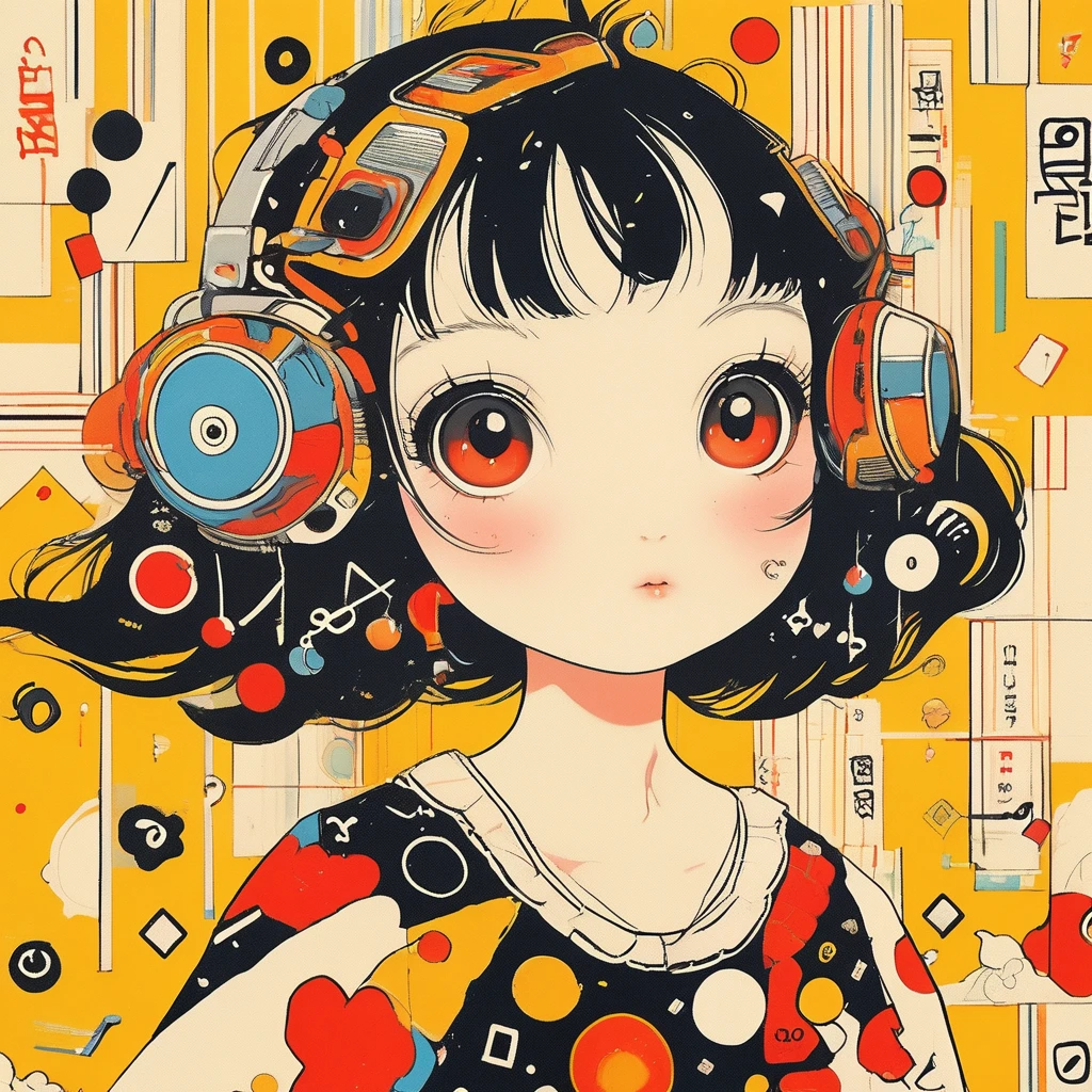 Cute chibi girl in a black and white dress on a yellow background. The vector illustration features colorful musical notes, red eyes, and black hair with bangs. Geometric shapes are included in the graphic design, which has a flat style with simple, clean lines and a white border. The poster art has no shadows and high resolution, quality, detail, contrast, and saturation. Vivid, bold, bright colors make up the color palette. It is a cute cartoon character in the style of poster art with vivid colors and clean lines.