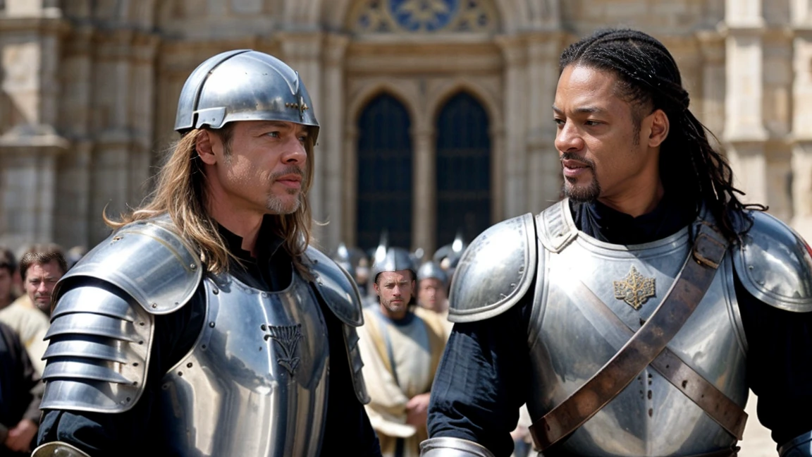 brad pitt and will smith in medieval armour, as knights, medieval war film