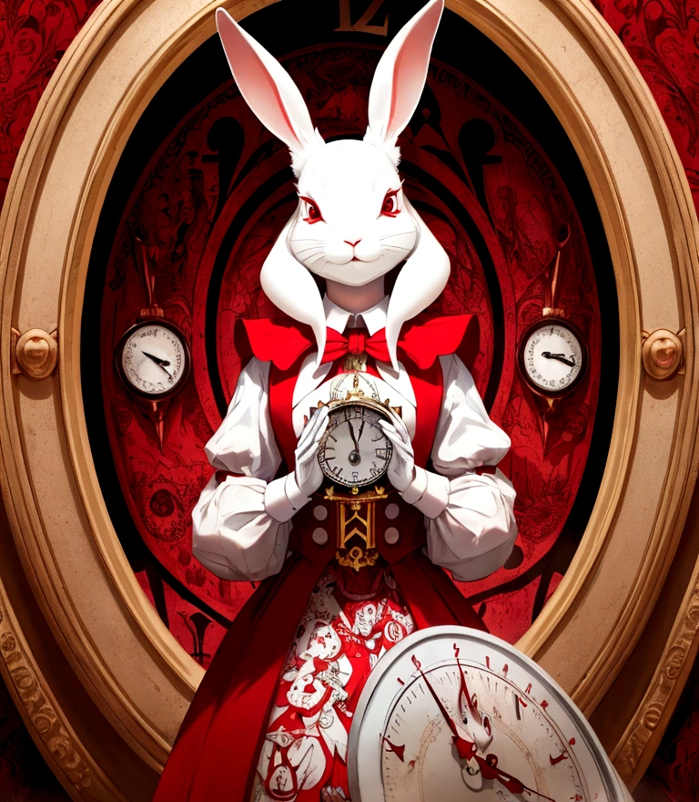 White rabbit, from Alice in Wonderland, holding a red clock