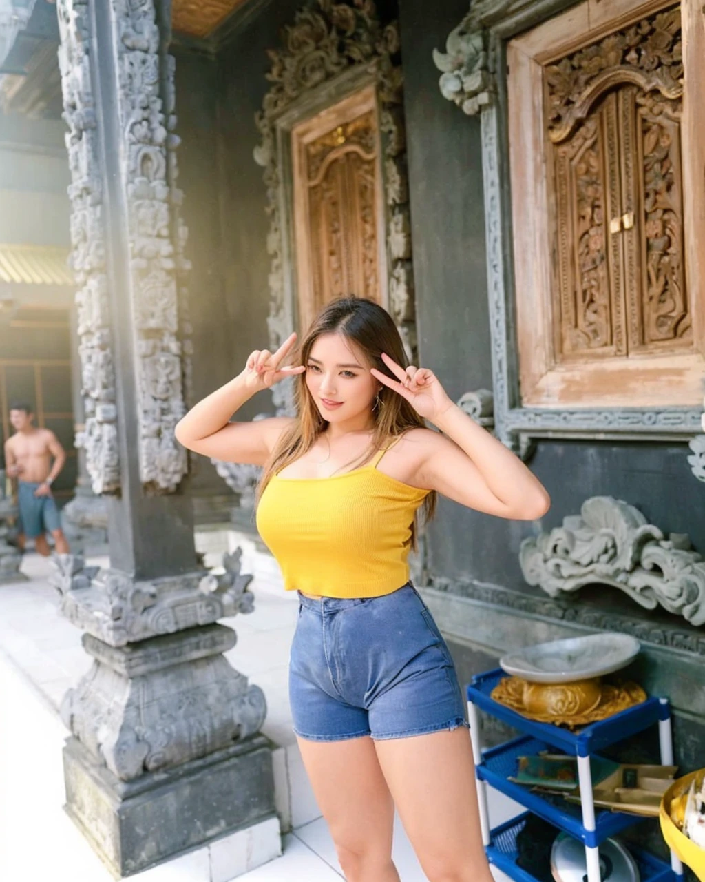 there is a woman in a yellow top and blue shorts posing, in a temple, in front of a temple, bali, sexy girl, with beautiful exotic, sexy :8, standing in a buddhist temple, cute woman, taken in 2 0 2 0, with yellow cloths, 4k post, 4 k post, photo taken in 2 0 2 0