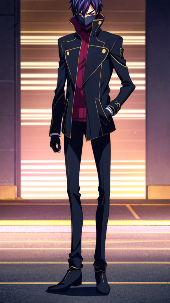 Male, teenager, vigilante, wearing dark clothes, a coat, and a full-face mask, athletic build, hands in pockets, standing at attention, nighttime setting, lone figure, facing viewer, fully in frame, full body shot, Code Geass style, codeGeass, CODEGEASS