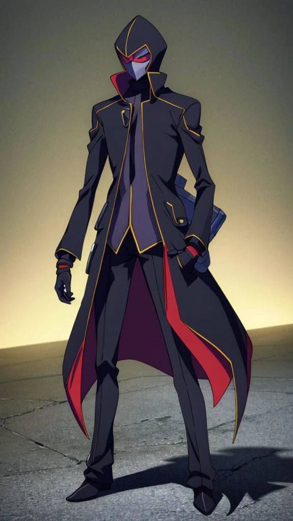 Male, ager, vigilante, wearing dark clothes, a coat, and a full-face mask, athletic build, hands in pockets, standing at attention, nighttime setting, lone figure, facing viewer, fully in frame, full body shot, Code Geass style, codeGeass, CODEGEASS